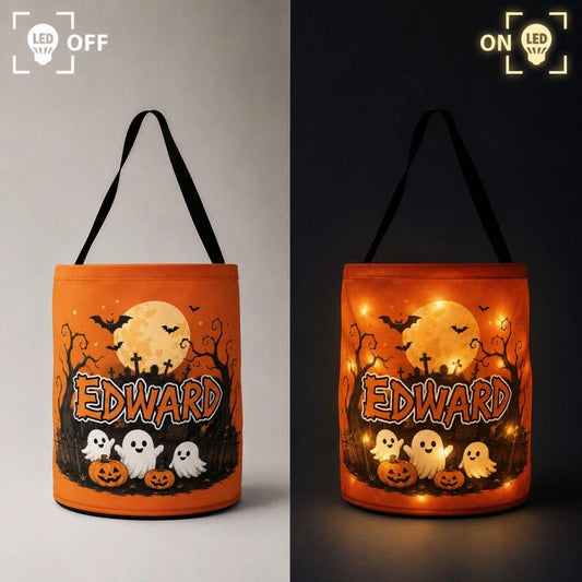 Custom LED Light‑Up Halloween Candy Bucket, Personalized Trick Or Treat Bag, Gift for Kids